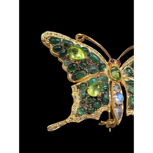 Diamond Emerald Peridot Gilded Brooch Pendant 585 Bail 24k Gold Plated Sterling - Picture 16 of 16